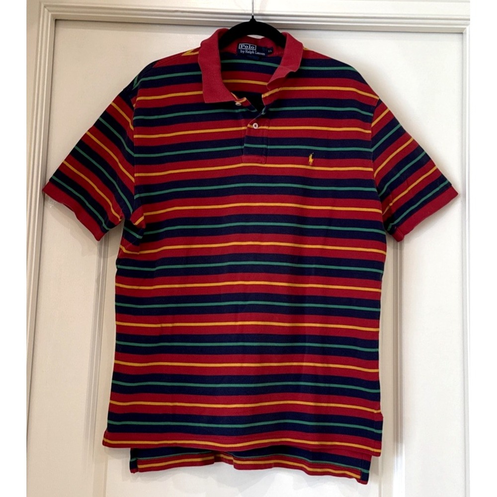VTG Ralph Lauren Polo Shirt Mens XL Striped Short‎ Sleeve Golf Preppy Party Fun